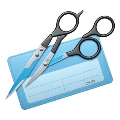 Floating black Scissors cutting a light blue military ID card in 2 parts .hyper realistic sticker