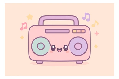 kawaii boombox with colorful speakers, musical notes, happy face, radiating party vibes sticker