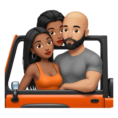 Intimate moment between lovers, real photo Realistic Couple, black woman with long black balayage hair is kissing bald white muscular man with orange facial hair and beard in a red Jeep Wrangler  sticker