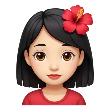 cute emoji-style girl face inspired by Lilo from Lilo & Stitch, only the head, big round eyes, soft smile, smooth tan skin, straight black hair, a single red hibiscus flower hair clip on the left side, kawaii style, minimal details, pastel colors sticker