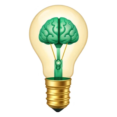 3D lightbulb icon with brain pattern inside, glowing softly, modern glossy style, deep green (#0B3D2C) base, gold (#C9B037) filament glow, cream (#F5F5DC) light, transparent background, premium render sticker