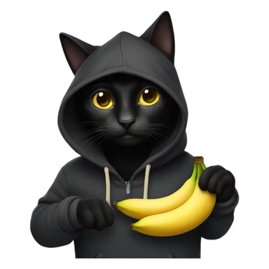 A black cat wearing a hoodie while holding a banana sticker
