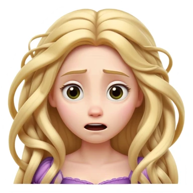 Cinematic Funny Rapunzel Portrait Emoji, Looking exhausted while tangled in her own hair, a dramatic sigh, eyes rolling with humorous exasperation, a hilariously relatable moment for the long-haired princess! sticker