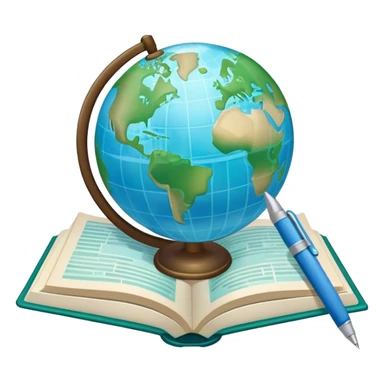 Create an emoji representing language translation. The design should feature just one globe in the background, symbolizing international communication. In front of the globe, place two opened books with texts on them and a pen nearby to indicate the act of writing. Use a clean and professional color palette with blues, greens, and neutral tones. Make the background transparent. sticker