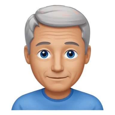 Middle aged man with tanned skin, receding dark grey hair and no beard, blue eyes, shy smile sticker
