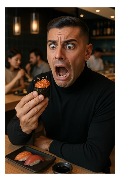 a man in casual clothes is about to eat a salmon gunkan at a sushi restaurant. As he brings it closer, he spots tiny parasites and bacteria wriggling on the fish. His face contorts in a dramatic expression of shock and alarm, with his hand frozen mid-air. The setting is a modern sushi bar, with other diners in the background unaware of the situation. sticker
