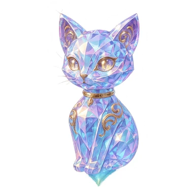 luxurious crystal elixir bottle in the shape of a kitten, pastel gradient, lots of shine, edges, ornaments, golden details, magical effects, very small golden collar, transparent background, beautiful merging base, clearly floating in the air, no base or shadow, premium class impression, playful and interesting design, fitting a collection of crystal, luxurious, magical bottles sticker