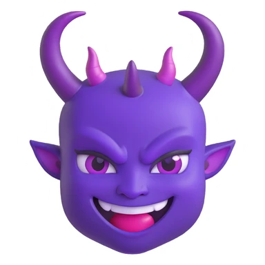 A mischievous purple devil emoji with a sly, confident smile and raised eyebrows, glowing purple horns, smooth gradient shading, minimalistic and glossy 3D cartoon style sticker
