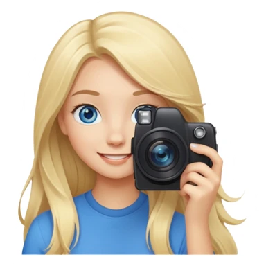  blue eyes blonde girl photographer cartoon taking picture in middle of taking picture camera in front of face long hair smiling funny flash professional, camera in front of face sticker