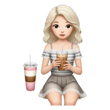 Minimalist girl holding an iced coffee in a chic cafe setting, white lace top, soft natural hair, modern gray striped wall, wooden bench, aesthetic and cozy mood ☕🌿🤍” sticker