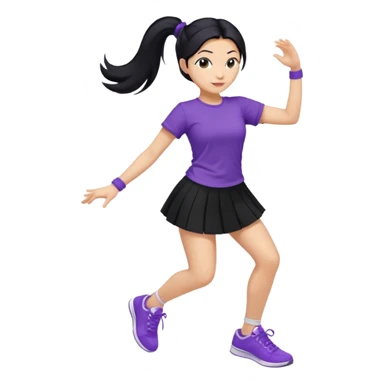 Mujer bailando con zapatillas violeta, pollera negra y remera violeta, mujer con pelo negro y recogido en una coleta sticker