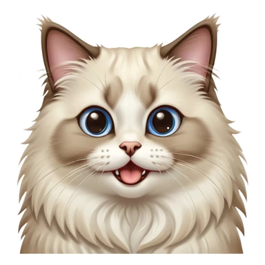 Cinematic-Adorable-Seal-Ragdoll-Cat-Portrait-Emoji – Big-eyed, fluffy Ragdoll cat with a playful head tilt and a cute yawn, soft brown-and-white fur with darker seal points on the ears and face, simplified yet irresistibly cute features, sparkling blue eyes full of mischief, highly detailed with a gentle glow. sticker