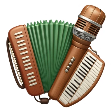 Create a warm and inviting humanless emoji representing folk singing. The design should feature a traditional microphone, perhaps with a wooden texture, symbolizing the rustic and authentic feel of folk music. Surround the microphone with subtle elements such as a hand-played tambourine, an accordion, or a balalaika to reflect the folk instruments. Add flowing musical notes to symbolize the vocal melodies. Use earthy, natural colors like browns, reds, and greens to evoke a sense of tradition, warmth, and connection to the community. The background should be transparent. sticker