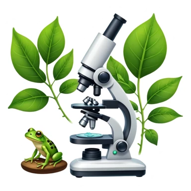 An icon featuring a DNA strand, a microscope, and a green leaf, symbolizing biology. The design includes animal cells, plant structures, and a frog, representing the study of living organisms and ecosystems. Transparent background highlights life sciences and biological research. sticker