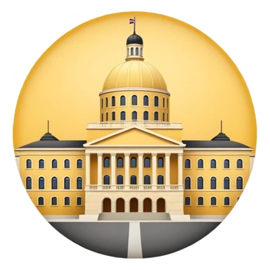 Norwegian Parliament building Stortinget, frontal view, yellow tones, round central section, minimal details, emoji style sticker