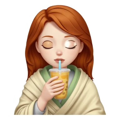 dark ginger haired girl with pale skin, wrapped in a blanket, sipping boba, eyes closed sticker