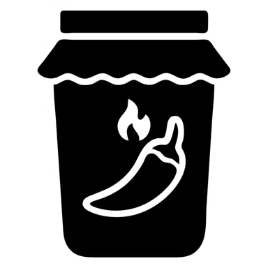 A sauce in a fast food packaging in black filled icon style with a red background and a spicy symbol sticker