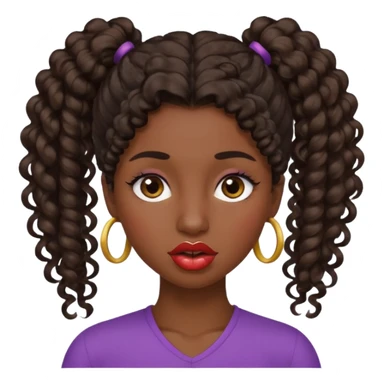 emoji sucking its lips in with one eyebrow up and the other one down dark skin and curly hair in one ponytail with eyelashes up to her hair sticker