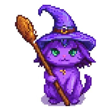 purple witch cat with broom pixel art sticker