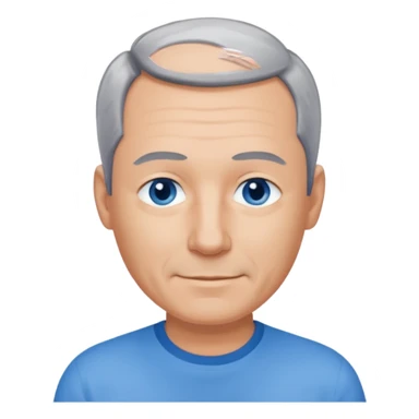 Middle aged man with receding grey and black hair and no beard, blue eyes, shy smile, tanned skin sticker