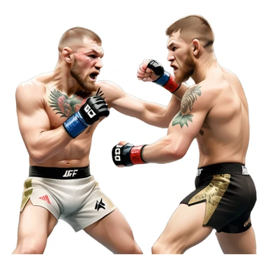 Iconic MMA match between Conor McGregor and Khabib Nurmagomedov in the octagon. McGregor throws a powerful punch while Khabib counters with a takedown attempt. The crowd roars in the background as the fighters showcase their intense rivalry. Transparent background captures the high-stakes fight sticker