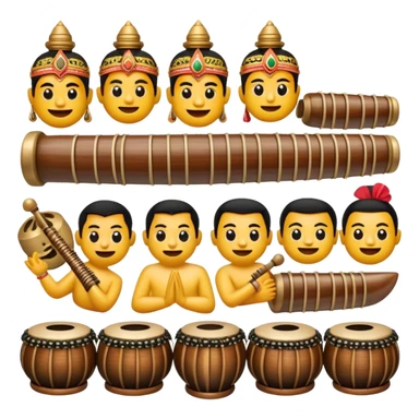 Cinematic Realistic Gamelan Pop Culture Emoji, depicted with an ensemble of traditional Indonesian instruments rendered with rich textures and rhythmic, cultural lighting. sticker