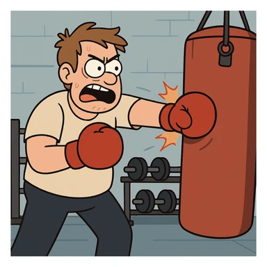 Hit a punching bag – to punch a padded bag for exercise or stress relief.
He went to the gym to hit a punching bag and blow off steam. Background Gym
 sticker