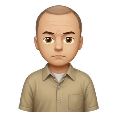 Sling Blade's Carl, serious, chin out, slouched, no glasses, collared shirt, three-quarter back view, full body, standing, head extended forward, emoji style sticker