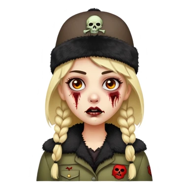 faça um emoji COM UMA GAROTA de cabelos castanhos escuros, branca, com sobrancelhas loiras, olhos pretos, com uma ushanka na cabeça e estilo zumbi sticker