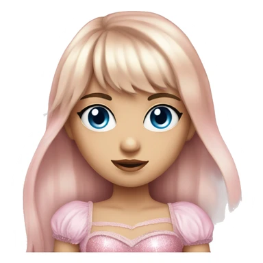 A girl with long hair and fringe bangs who has blue eyes wearing a pink corset with a sparkly cut out in the middle sticker