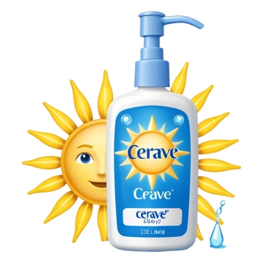 White CeraVe bottle with blue label and yellow “AM” badge, topped with a pump. Surrounded by radiant sun sparkles, soft UV-deflecting light rings, and a blue protective glow. Feels like a daytime skin shield potion in a sleek, glossy bottle. sticker