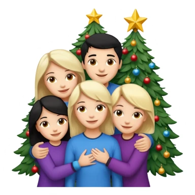Generate Christmas-style emojis  family. Where light-skinned people stand near the tree all together, hugging and smiling.  girl should be Light-haired woman, woman, black-haired woman, and 1 man . Add 4 people: Mother, Sister, Sister, Brother  sticker
