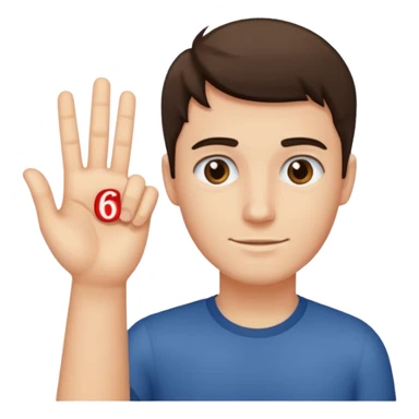 A guy with his left hand higher right lower left hand with a 6 on it right with a 7 sticker