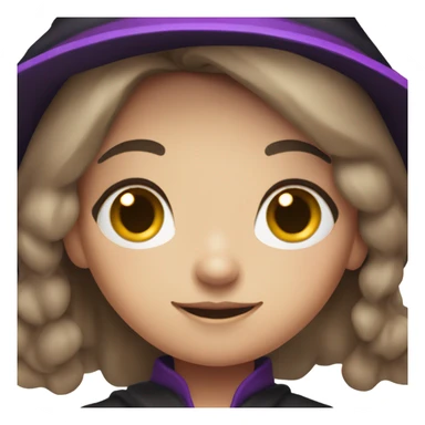 a young white thin girl with straight brown hair and dark eyes dressed as a witch with purple hat sticker
