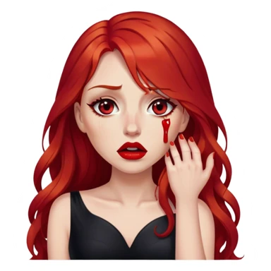 a crying woman with long red hair and red eyes. The woman wear a black little cutted dress. She have red lipstick and she have a seductive look. She cryed tears  sticker