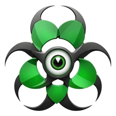 Minimalist emoji-style sticker of a fractured biohazard symbol with a small eye in the center. Stylized, geometric, no text.
 sticker