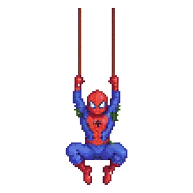 Spiderman as a pixel art character, simple and retro, swinging on a web sticker