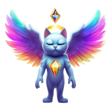 Omega ultra cosmic galactic hyperverseal alpha Transcendent Heavenly Rainbow 4d Diamond ultra mega surpream beyond Omni-Cat God with wings and a ring around its body and another ring above it’s head full body sticker