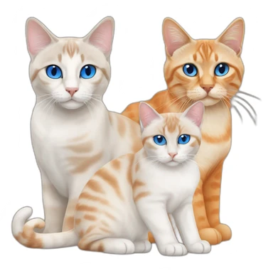 three cats, one lynx point siamese cat with blue eyes, one orange and white tabby cat, and one all orange cat sticker