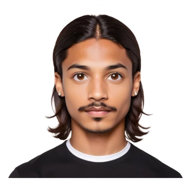 Young man with medium brown skin, mixed-race ethnicity, long wavy dark brown hair with an extremely precise center part exactly aligned with the middle of the face, hair parted perfectly symmetrically on both sides, mustache separated from goatee, medium brown eyes, small diamond stud earrings, floating head only with absolutely no shoulders or neck visible sticker