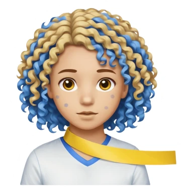 Make me an emoji that has a guy with a white shirt and yellow tape around the shirt with brown and blue spots hair make the hair curly make the yellow tape go around it sticker
