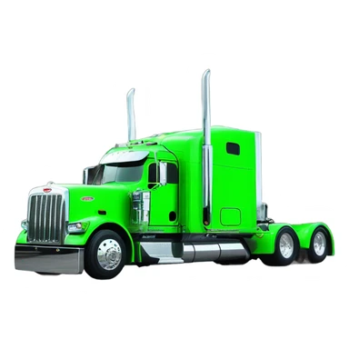 neon green peterbilt semi truck lowered on the ground with large chrome wheels and chrome smoke stacks profile view sticker