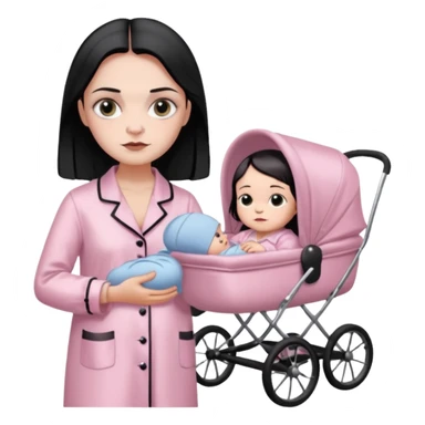 Full model stunning Wednesday Addams dark smoky eyeshadow in a unbuttoned Light pink silk pyjamas set and baby carriage  sticker