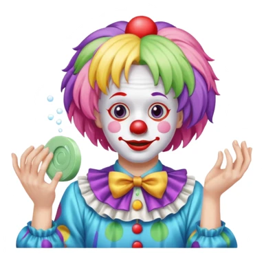 Clown dropping down to pick up soap looking from behind sticker