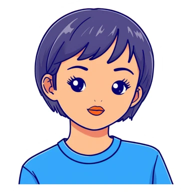 profile picture of a 22-year-old girl with short hair, cool tone makeup, blue shirt sticker