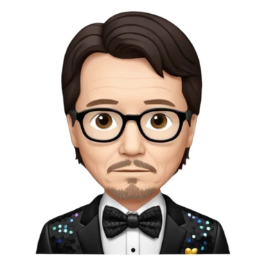 Gary Oldman with dark brown hair hair, black sequin suit with bow tie sticker