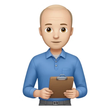 man mid 30's shirt and trousers balding hairline standing holding a clipboard sticker