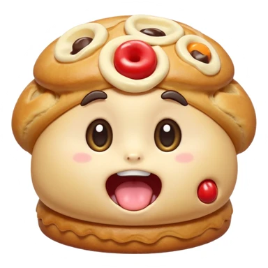 Funny cartoon mini  chochklet pastry, slightly messy and squished, big round eyes, wide open mouth, playful surprised expression, text above: "ПАСТИЧКА", chibi style, Twitch emoji style, transparent background, colorful

 sticker