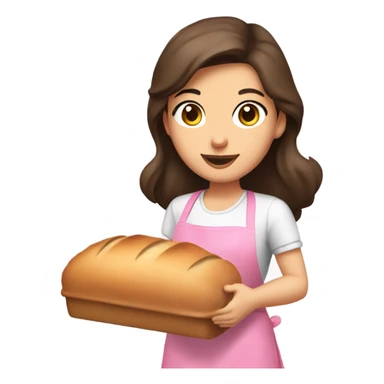 brunette girl with long and brown eyes and big lips baking bread in a pink apron holding a bread pan sticker