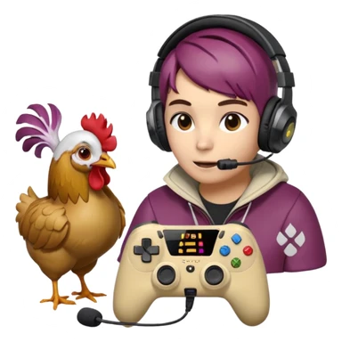 Pack emote, Sfondo trasparente e Dimensioni: (28x28, 56x56, 112x112) 
Stile Gamer: Il radicchio indossa cuffie da gaming e interagisce con controller o schermi, mentre i polli appaiono come icone di supporto o spettatori, colore font diverso in ogni emote sticker